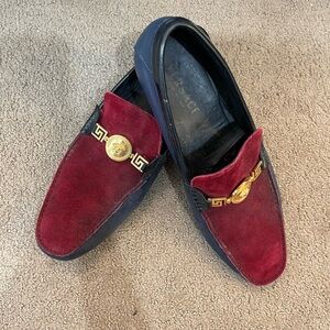 Versace red suede and blue leather Slip-On Loafers with Rubber Sole